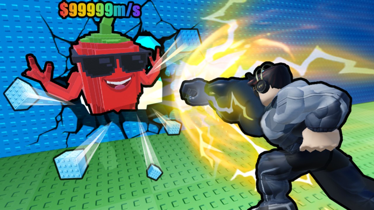Jacked Roblox avatar with a huge right arm punching a wall in Strength to Grow Your Arm